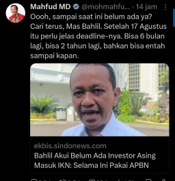 Sentil Bahlil soal Belum Ada Investor Asing di IKN, Mahfud MD: Cari Terus Mas, Entah Sampai Kapan