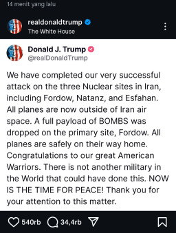 Trump Klaim, Amerika Serikat Sukses Mengebom Tiga Situs Nuklir Iran
