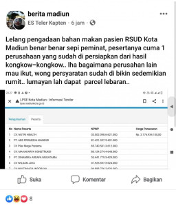 Netizen Soroti Lelang Bahan Makanan di RSUD Kota Madiun, Adbang: Ini Sesuai Permenkes