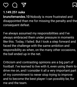 Gagal  Penalti, Bruno Fernandes  Minta Maaf dan Minta Tetap Dikritik