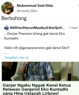 Ganjar Bilang Tak Kenal Eko Kuntadhi, Said Didu: Bohong