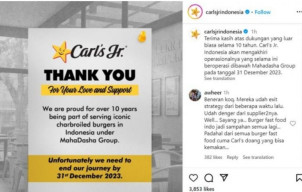 Restoran Burger Carl's Jr Terakhir Beroperasi di Indonesia pada 31 Desember 2023