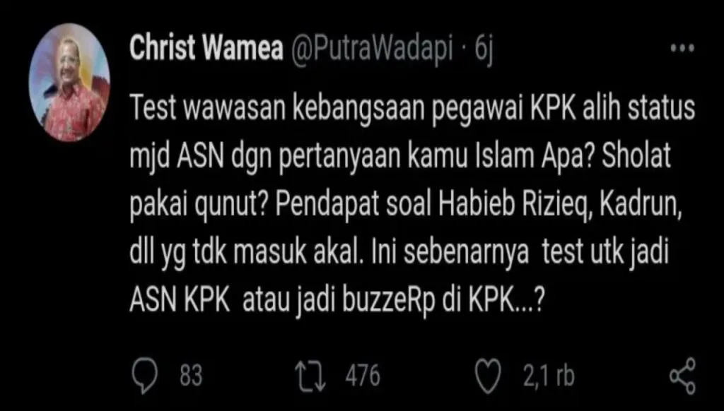TWK Pegawai KPK Tanya Soal HRS, Tokoh Papua: Ini untuk Jadi ASN atau BuzzeRP?