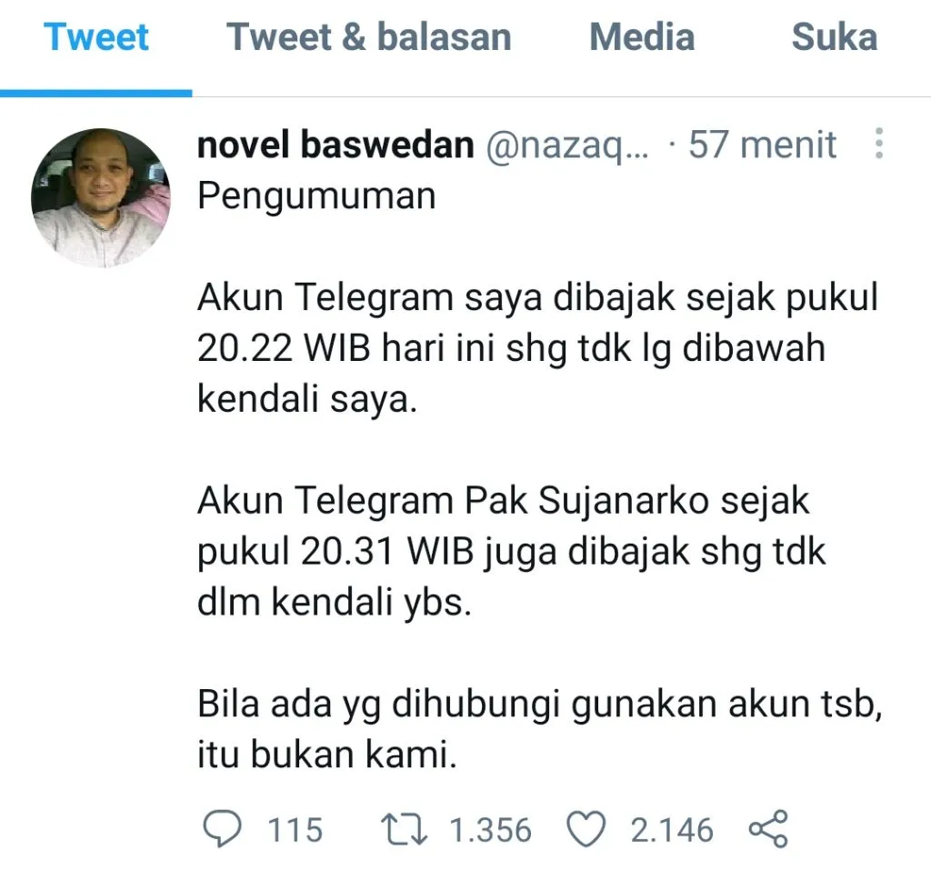 Teror Berlanjut! Akun Telegram Novel Baswedan Diretas