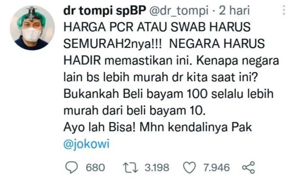 PCR di India Rp 96 Ribu, di Indonesia Rp 900 Ribu hingga Jutaan, Tompi Sentil Jokowi