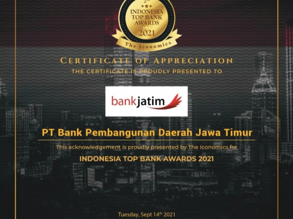 Bank Jatim Raih Penghargaan Indonesia Top Bank Awards 2021