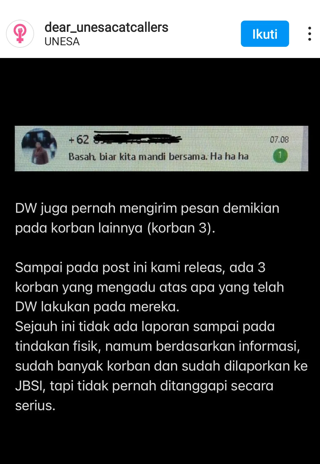 Chat Pak Dosen pada mahasisiwinya juga diunggah akun Instagram @dear_unesacatcallers
