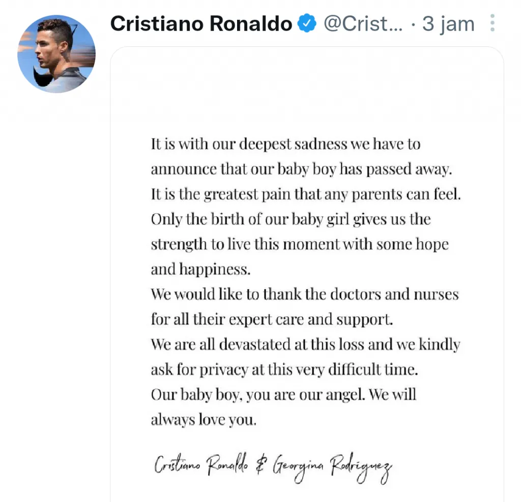 Berita Duka, Satu dari Bayi Kembar Cristiano Ronaldo Meninggal