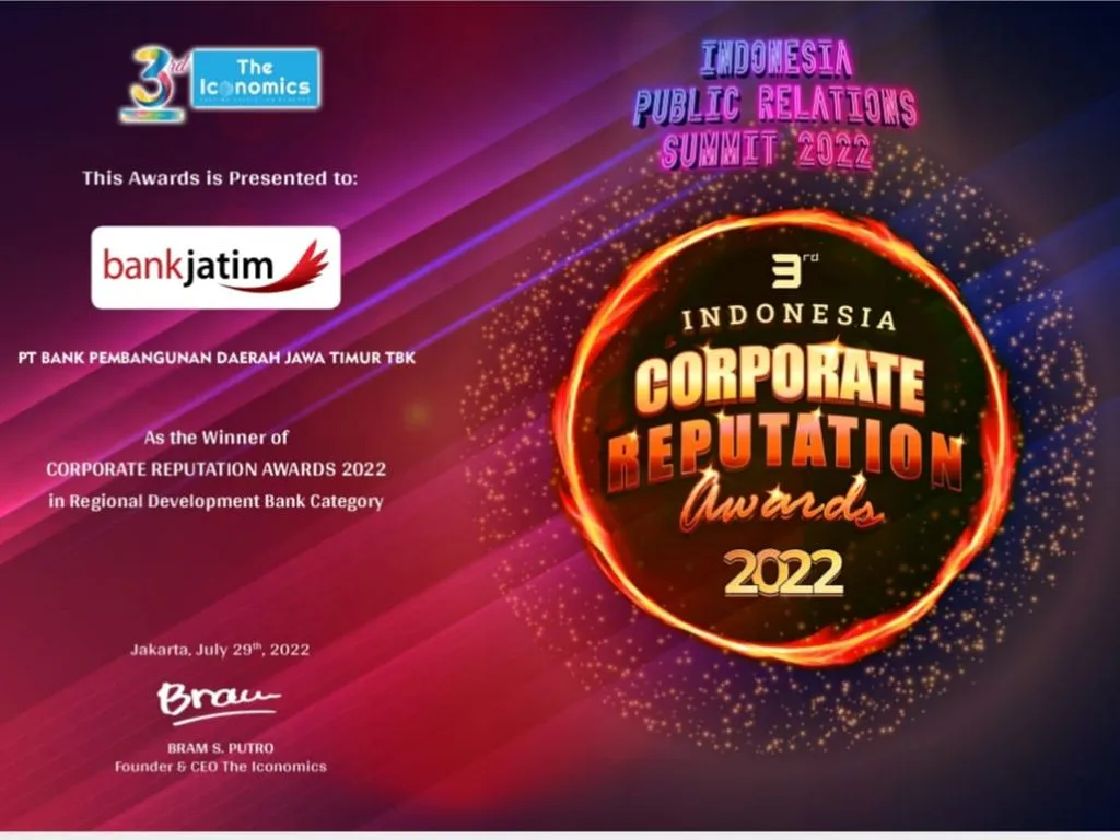 Bank Jatim Raih Penghargaan Corporate Reputation Awards 2022