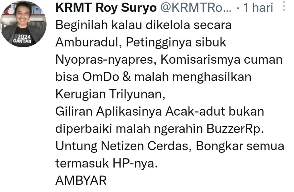 Soal Kacaunya MyPertamina, Roy Suryo: Negara Dikelola Amburadul