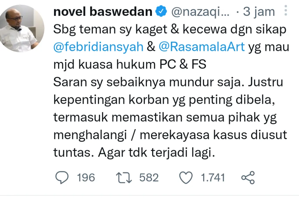 Febri dan Aritonang Jadi Pengacara Sambo, Novel Baswedan Kecewa