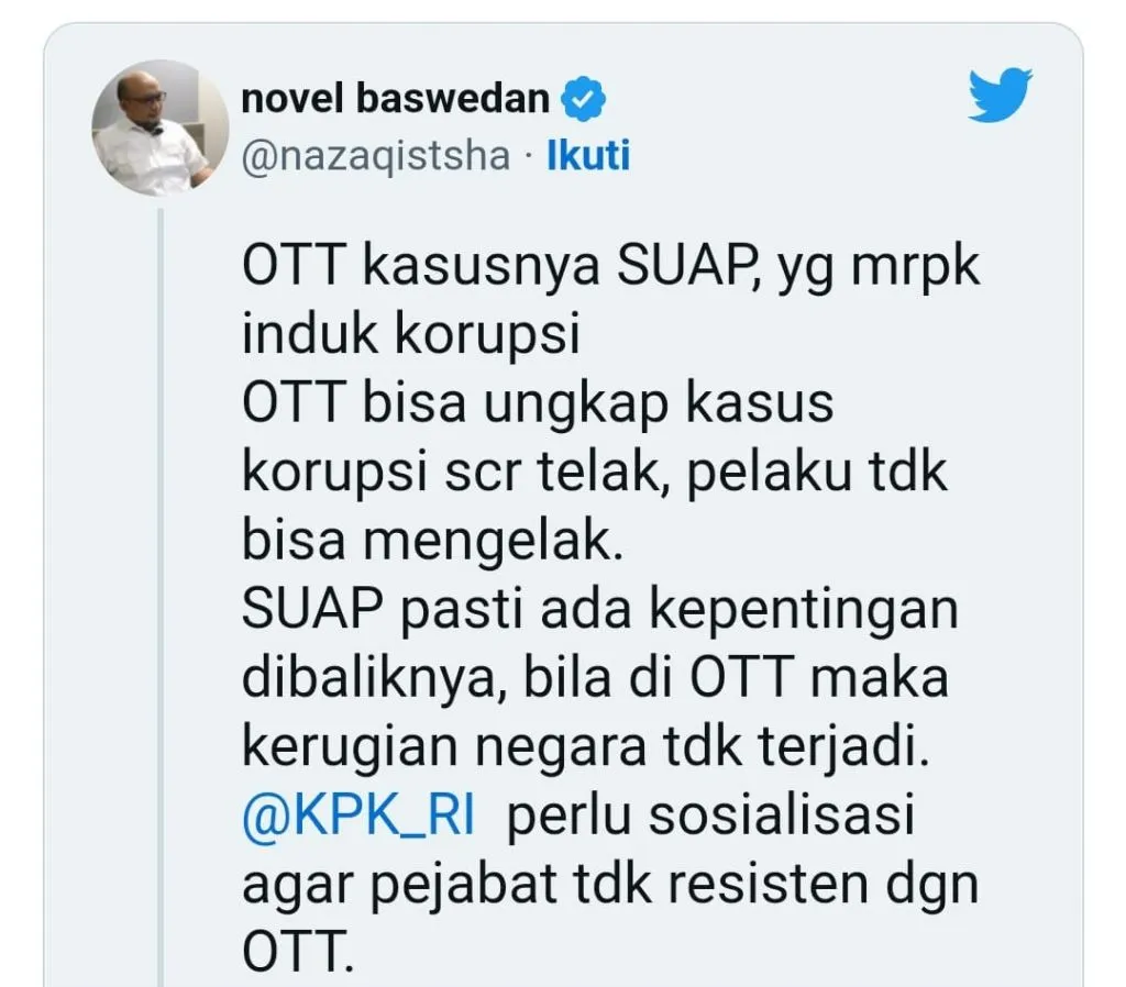 Sindir Luhut dan Mahfud, Novel: Tak Mau Kena OTT, Jangan Korupsi!