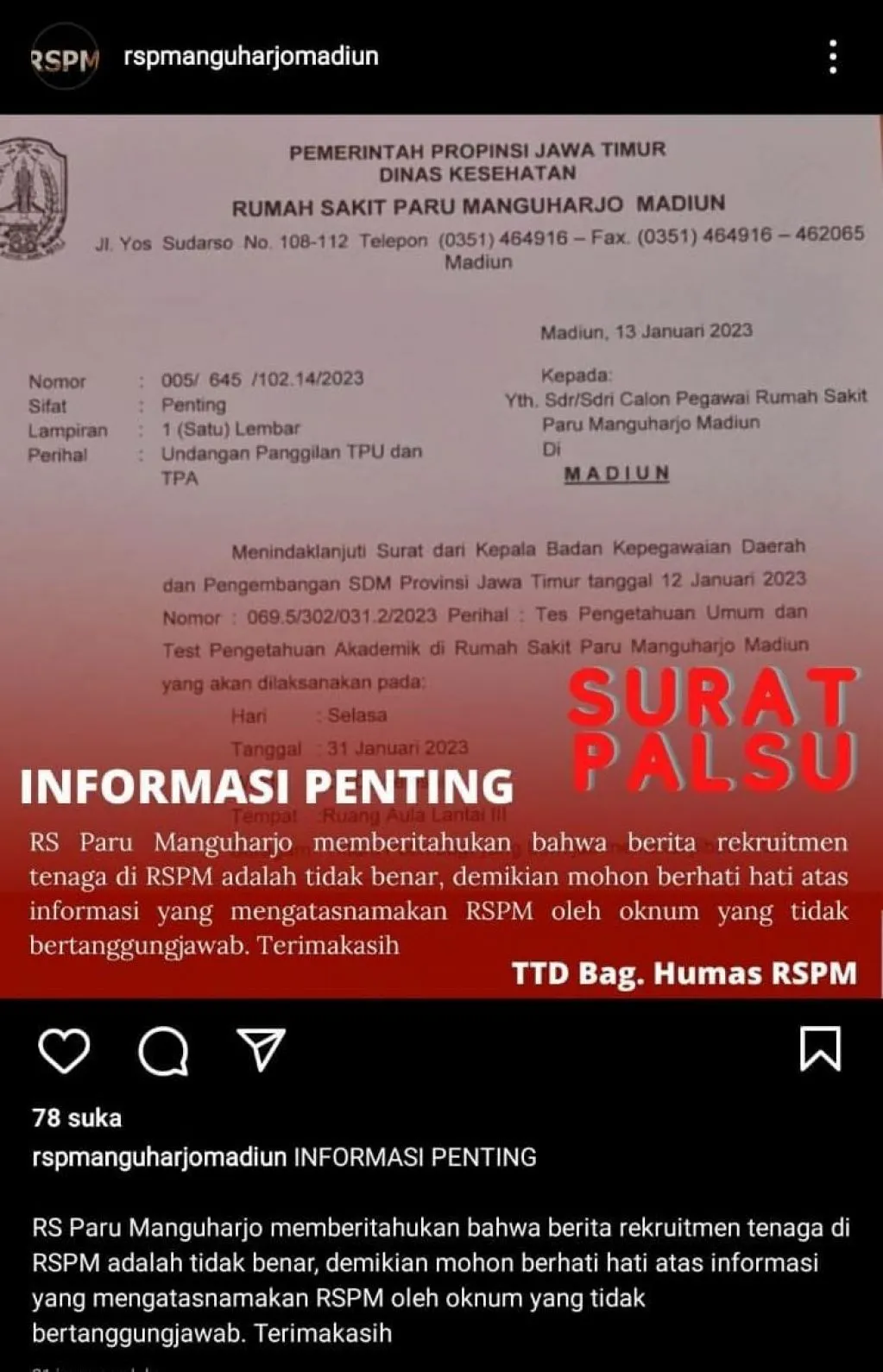 Waspada! Penipuan Modus Perekrutan Pegawai RSPM Madiun