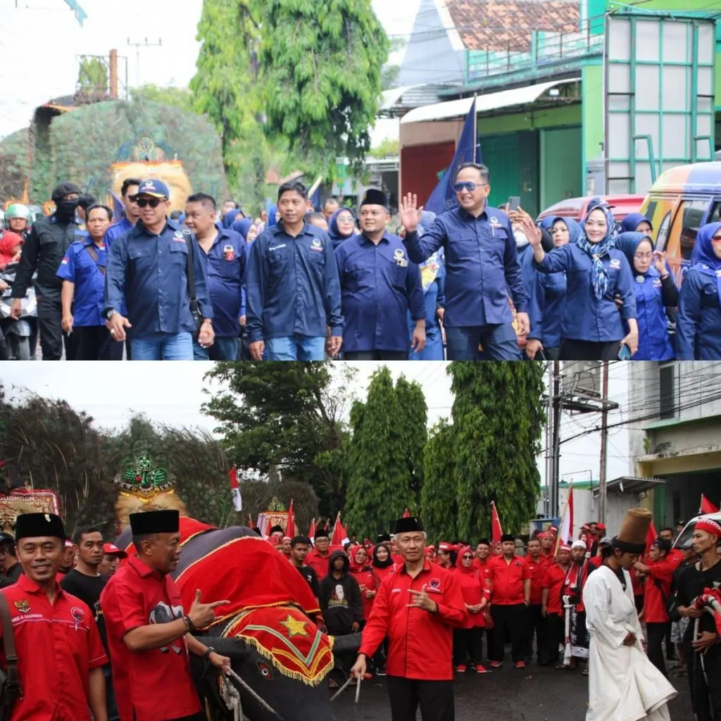 Diiringi Reog dan Bantengan, Nasdem-PDI P Kirab Bacalegnya ke KPUD Ponorogo