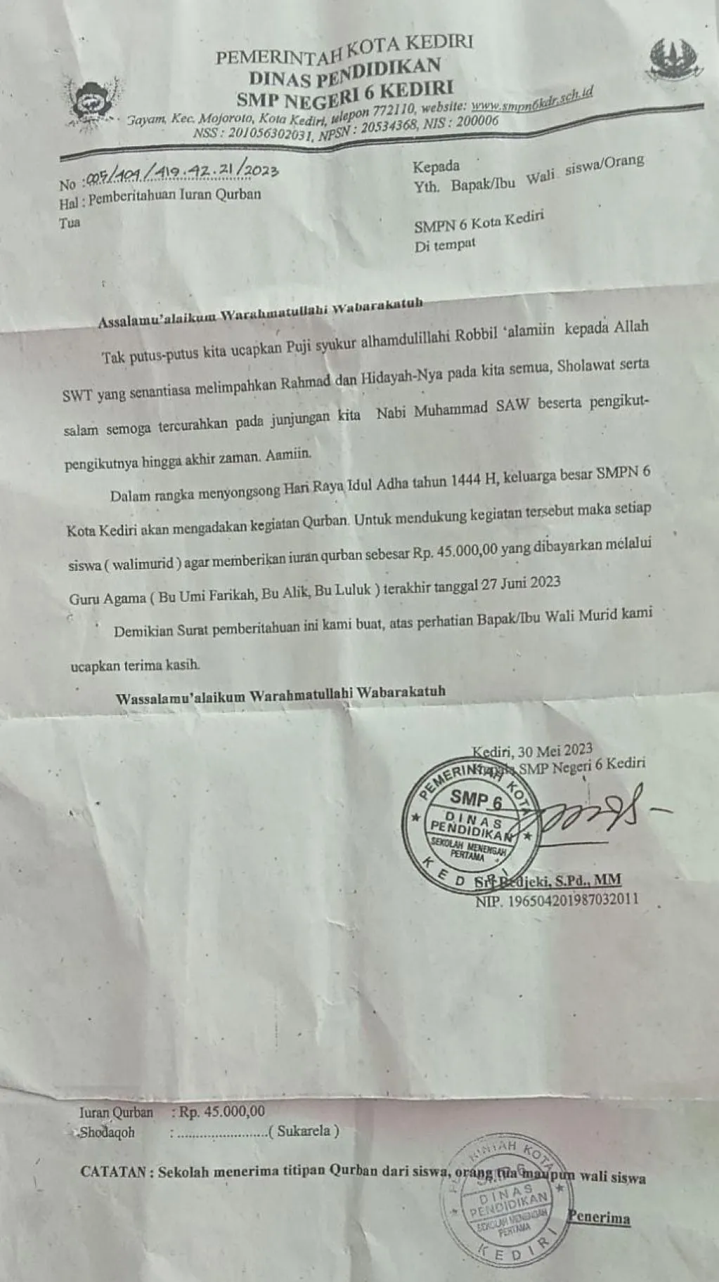Gregetan! Kepala Sekolah SMPN 6 Kota Kediri Tarik Iuran Kurban ke Siswa Rp 45 Ribu