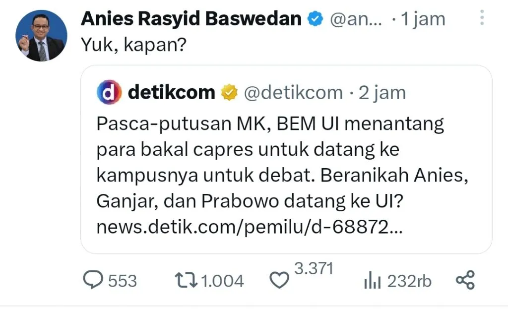 Jawaban Anies atas tantangan BEM UI dinTwitternya. Foto: twitter Anies baswedan