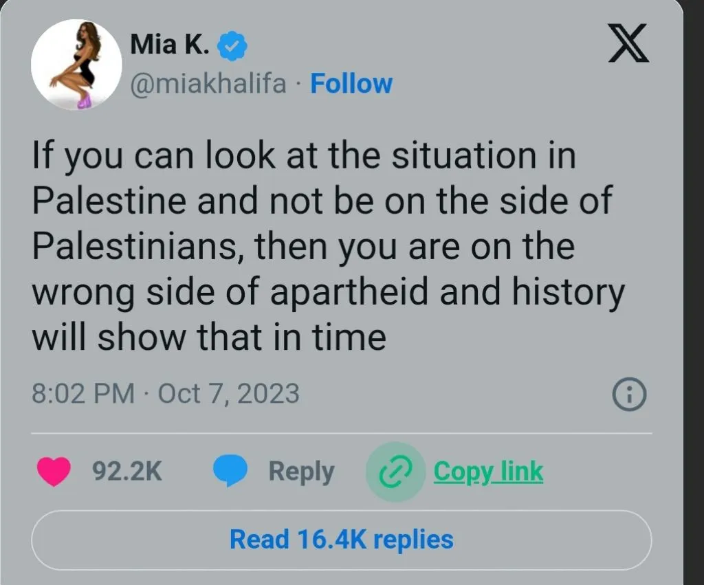 Cuitan Mia Khalifah membela Palestina ini memantik kemarahan dari pro Israel. Foto: Twitter Mia Khalifah