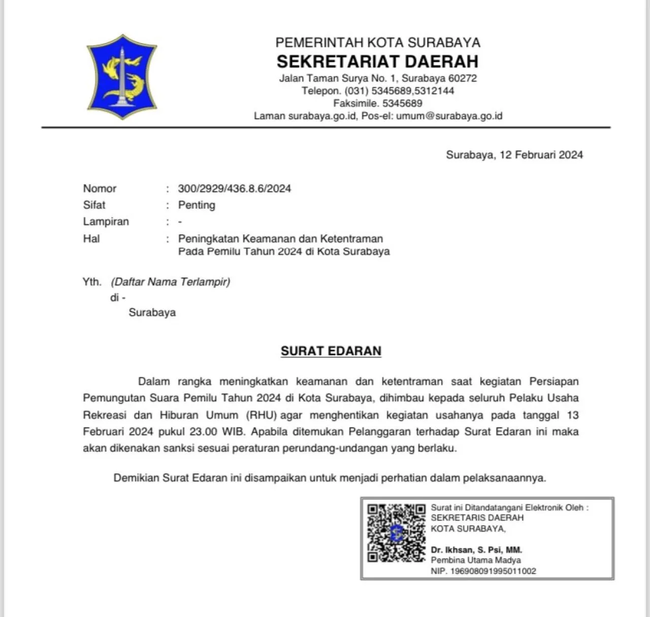 Demi Keamanan dan Ketentraman Jelang Pemilu 2024, Pemkot Surabaya Imbau RHU Tutup Pukul 23.00 WIB