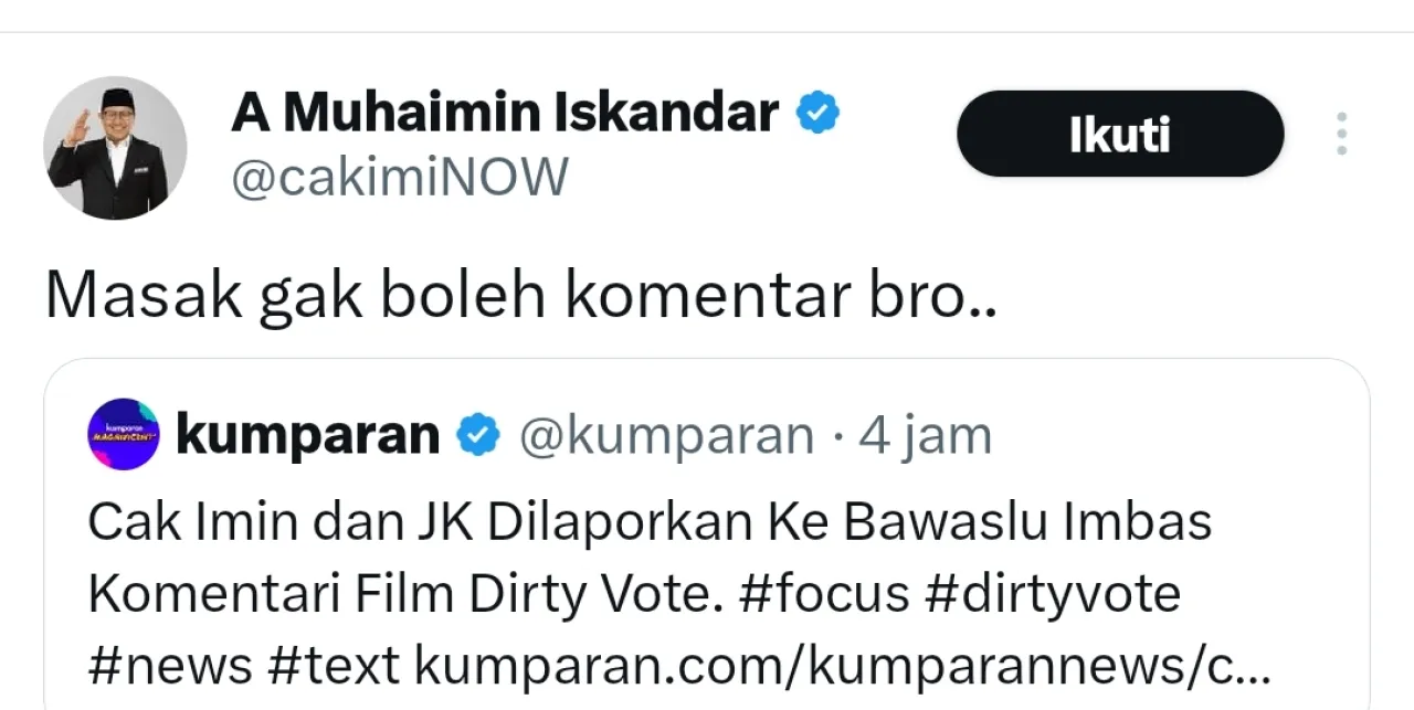 Komentari Film Dirty Vote, Cak Imin dan JK Dilaporkan ke Bawaslu   
