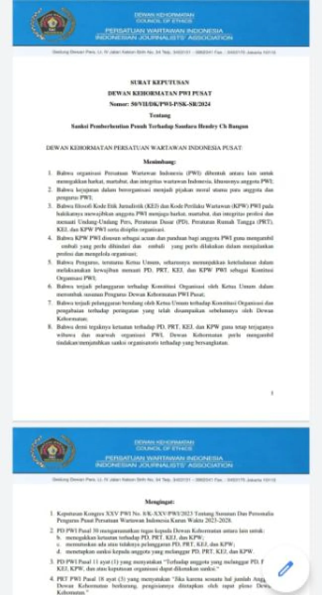 Dewan Kehormatan Resmi Berhentikan Hendry Ch dari Jabatan Ketua Umum PWI Pusat