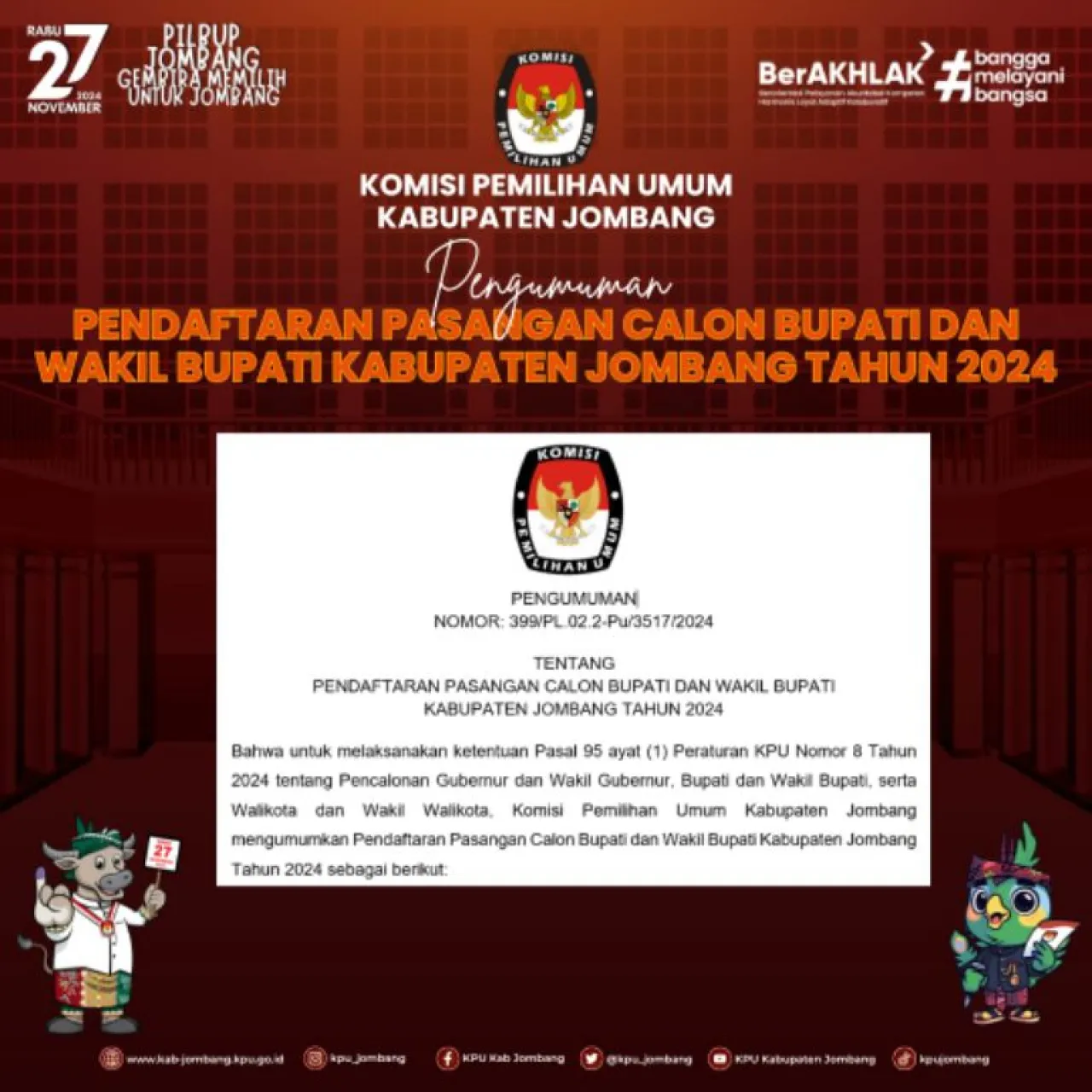Pengumuman dan Syarat Pendaftaran Pasangan Calon Bupati dan Wakil Bupati Jombang di Pilkada 2024