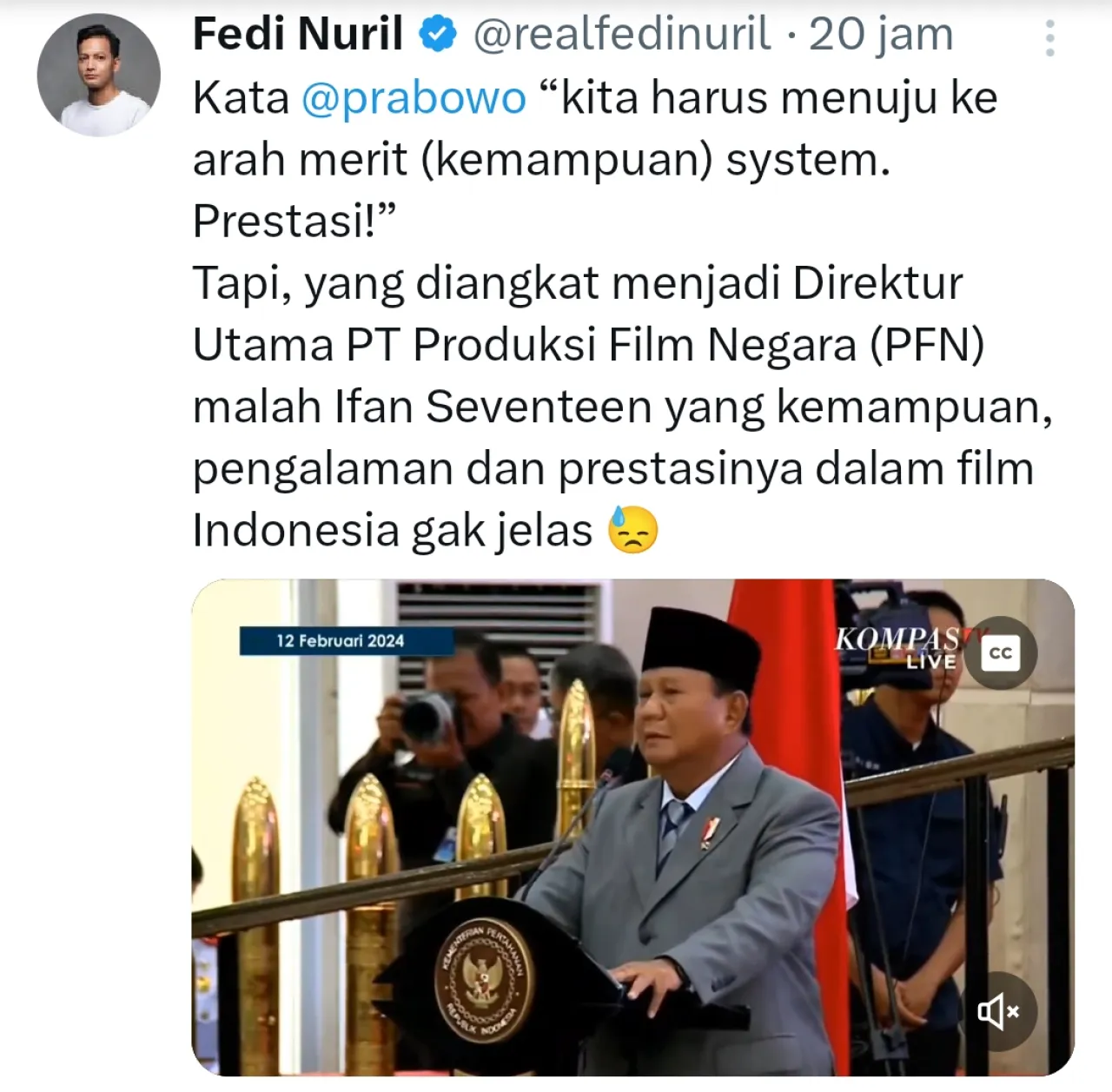 Fedi Nuril Sentil Prabowo lagi, Kali Ini Soal pemilihan Ifan Seventeen Jadi Dirut PT PFN