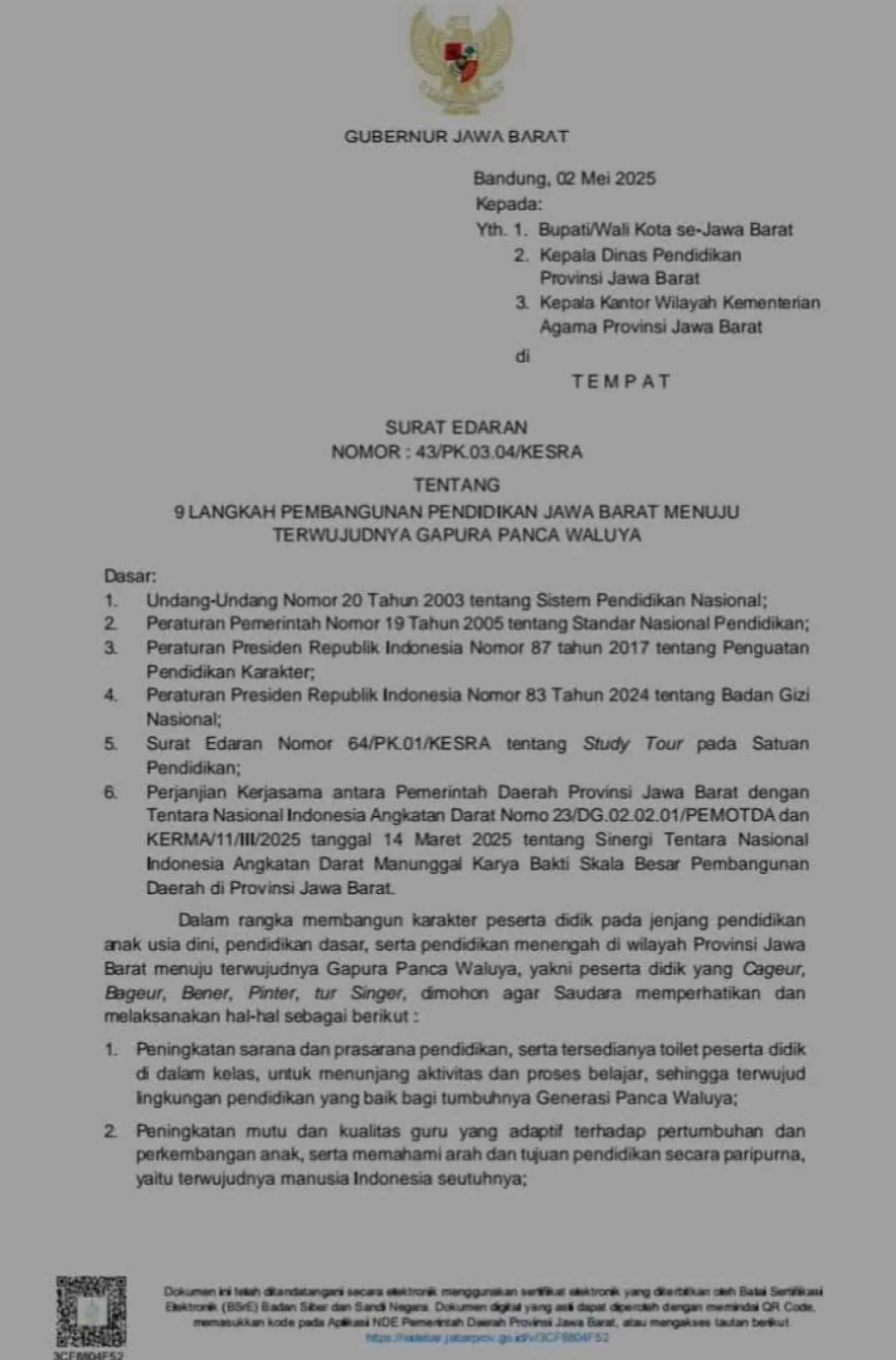 Gubernur Jabar Keluarkan Surat Edaran Penting untuk Dinas Pendidikan dan Kanwil Kemenag Jabar