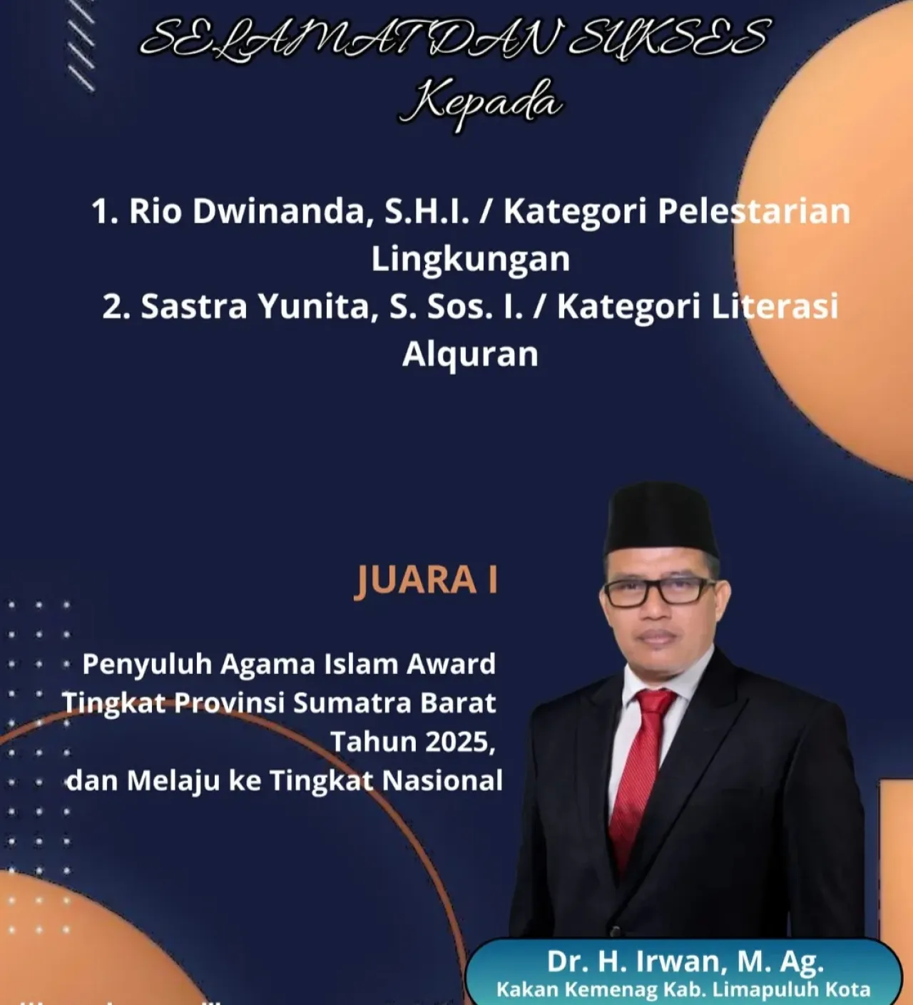 Dua Penyuluh Agama Islam dari Limapuluh Kota Raih Juara I di Tingkat Provinsi Sumbar