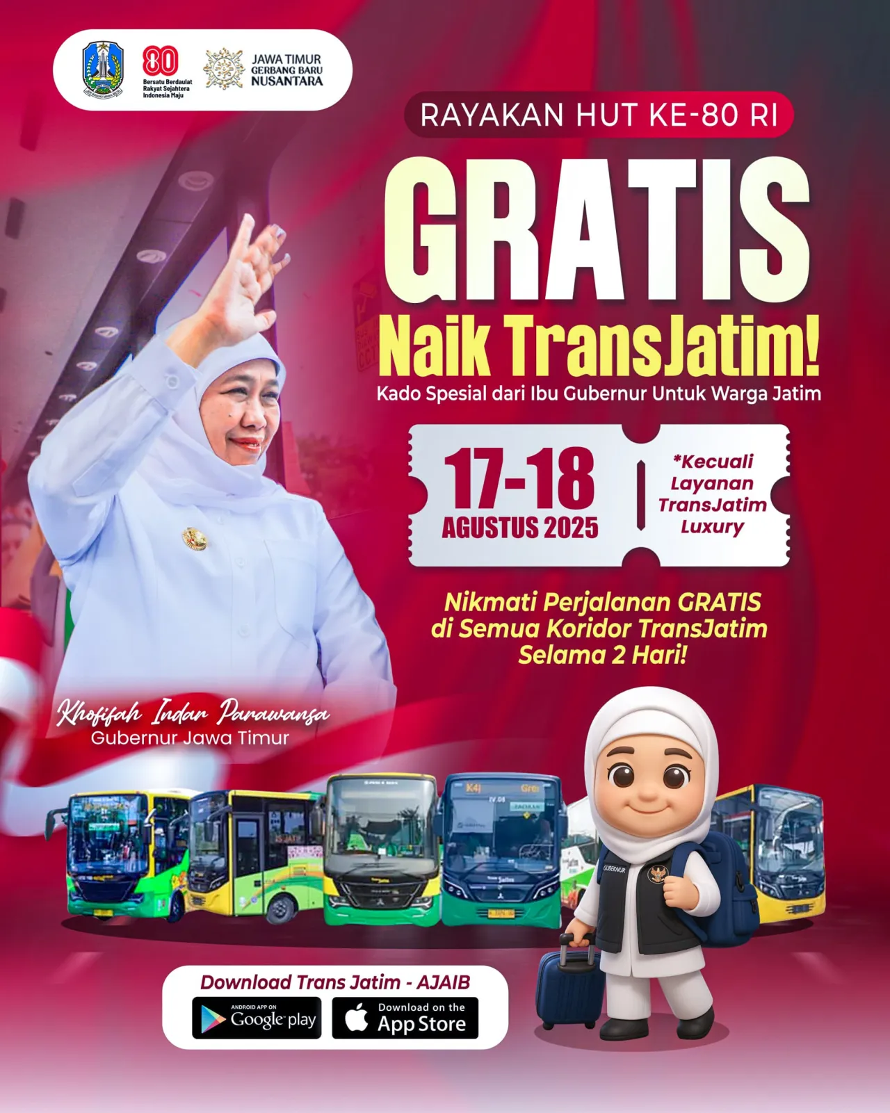 Gubernur Khofifah Gratiskan Bus Trans Jatim Selama 2 Hari Penuh, Kado Istimewa HUT ke-80 RI!
