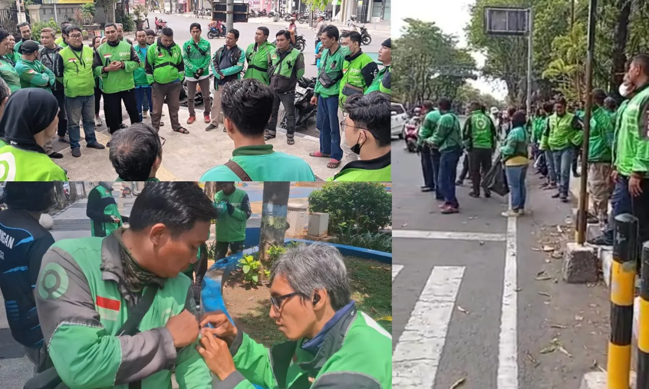 Puluhan OJOL di Lamongan Bagi Pita dan Doa Bersama Untuk Affan Kurniawan