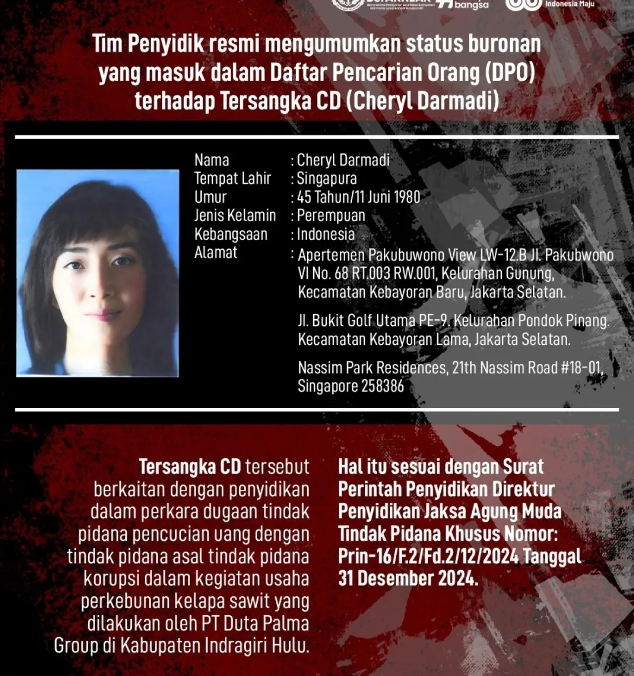 Anak Surya Darmadi, Cheryl Darmadi Resmi Ditetapkan sebagai Buron
