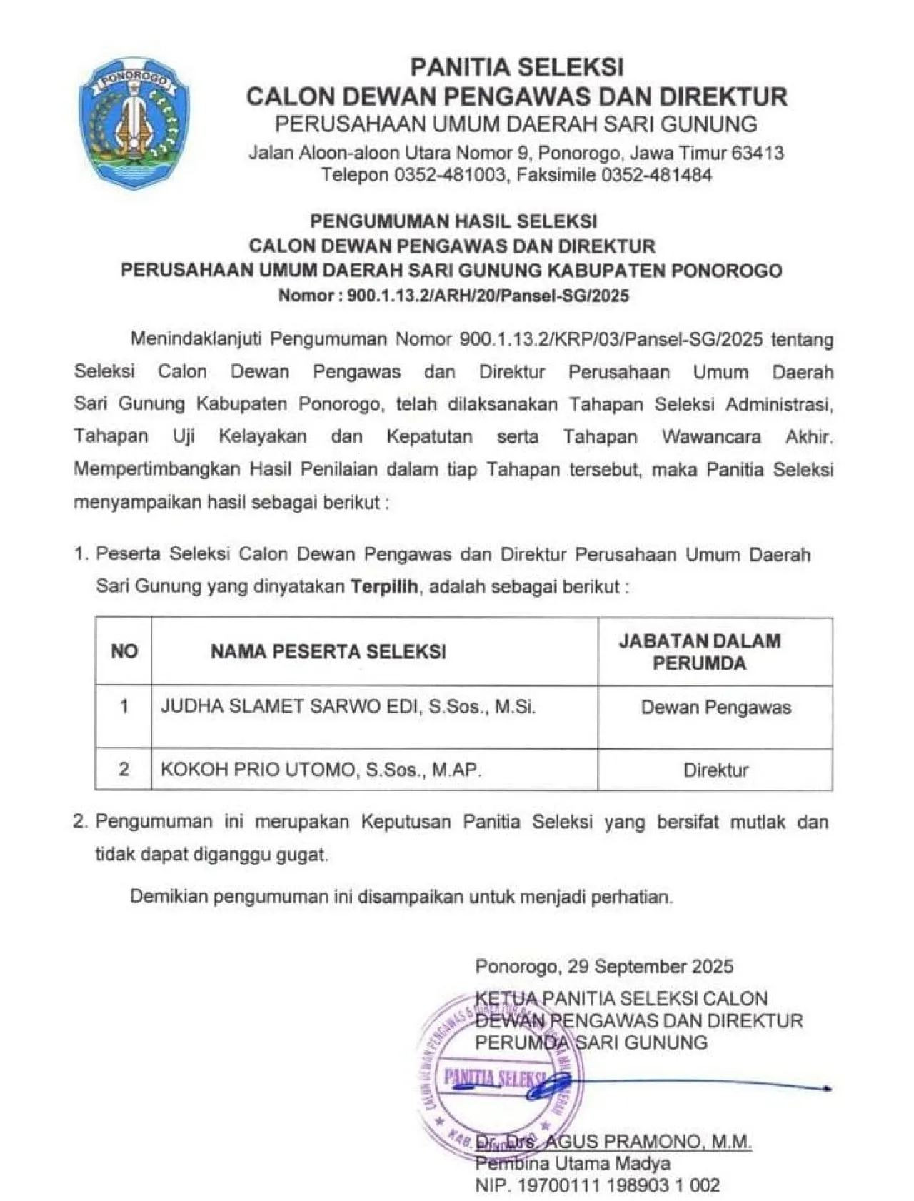 Final Seleksi Perumda Sari Gunung Ponorogo, Judha Dewas-Kokoh Direktur