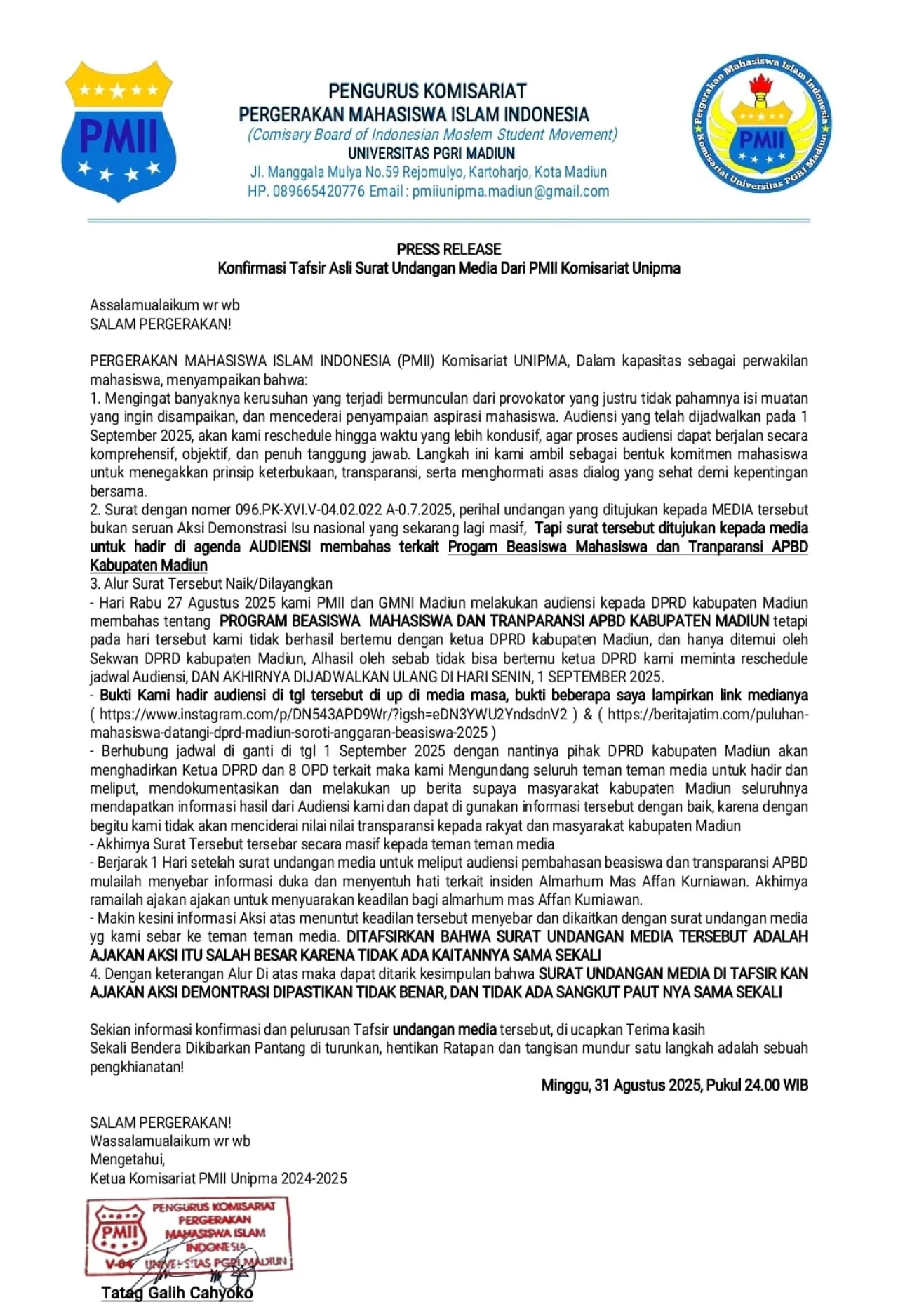 Dua Organisasi Mahasiswa Tunda Audiensi dengan DPRD Kabupaten Madiun