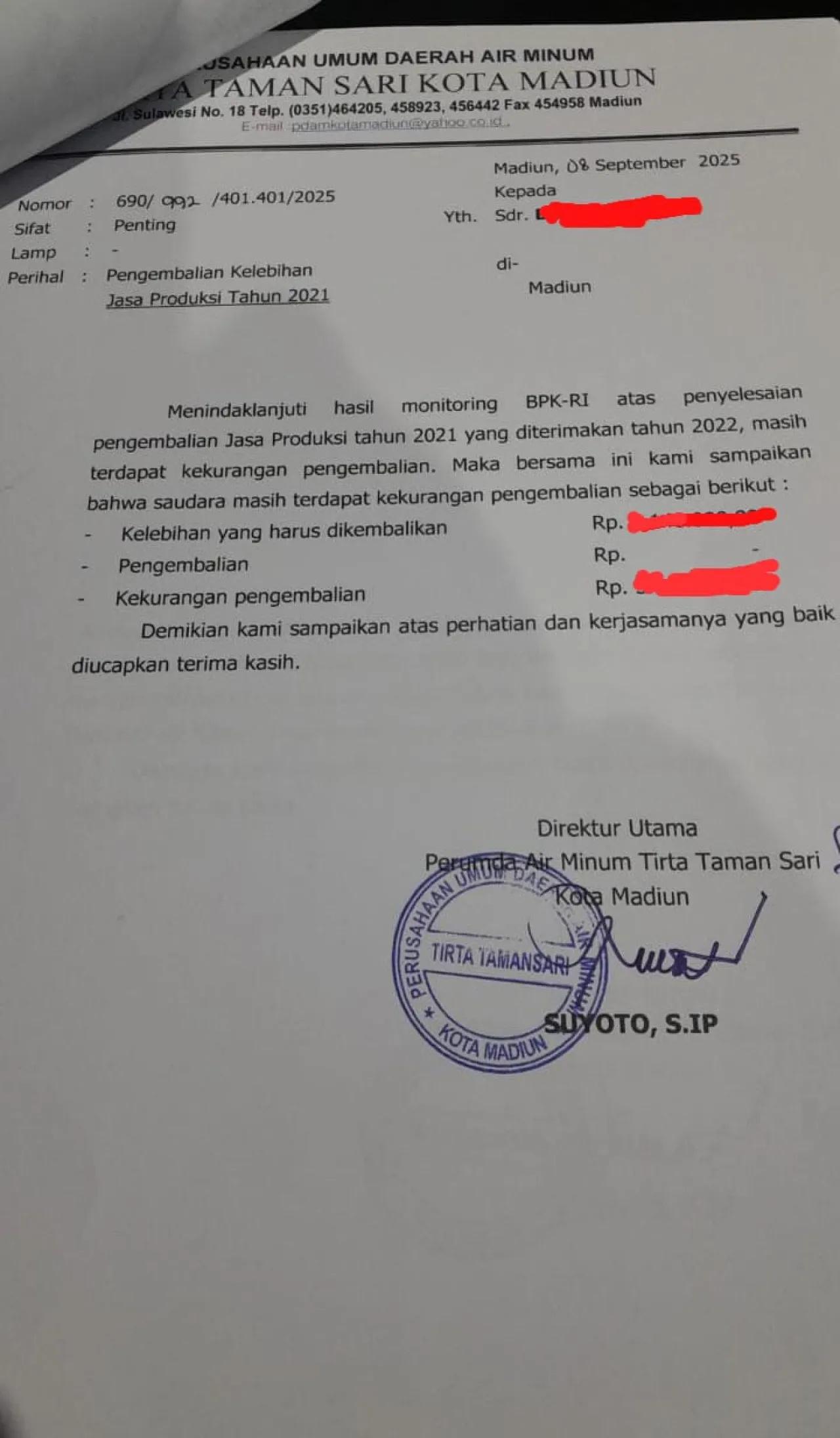 PDAM Kota Madiun, Minta Pegawai Aktif Maupun Pensiunan untuk Kembalikan Kelebihan Dana Jaspro 2021