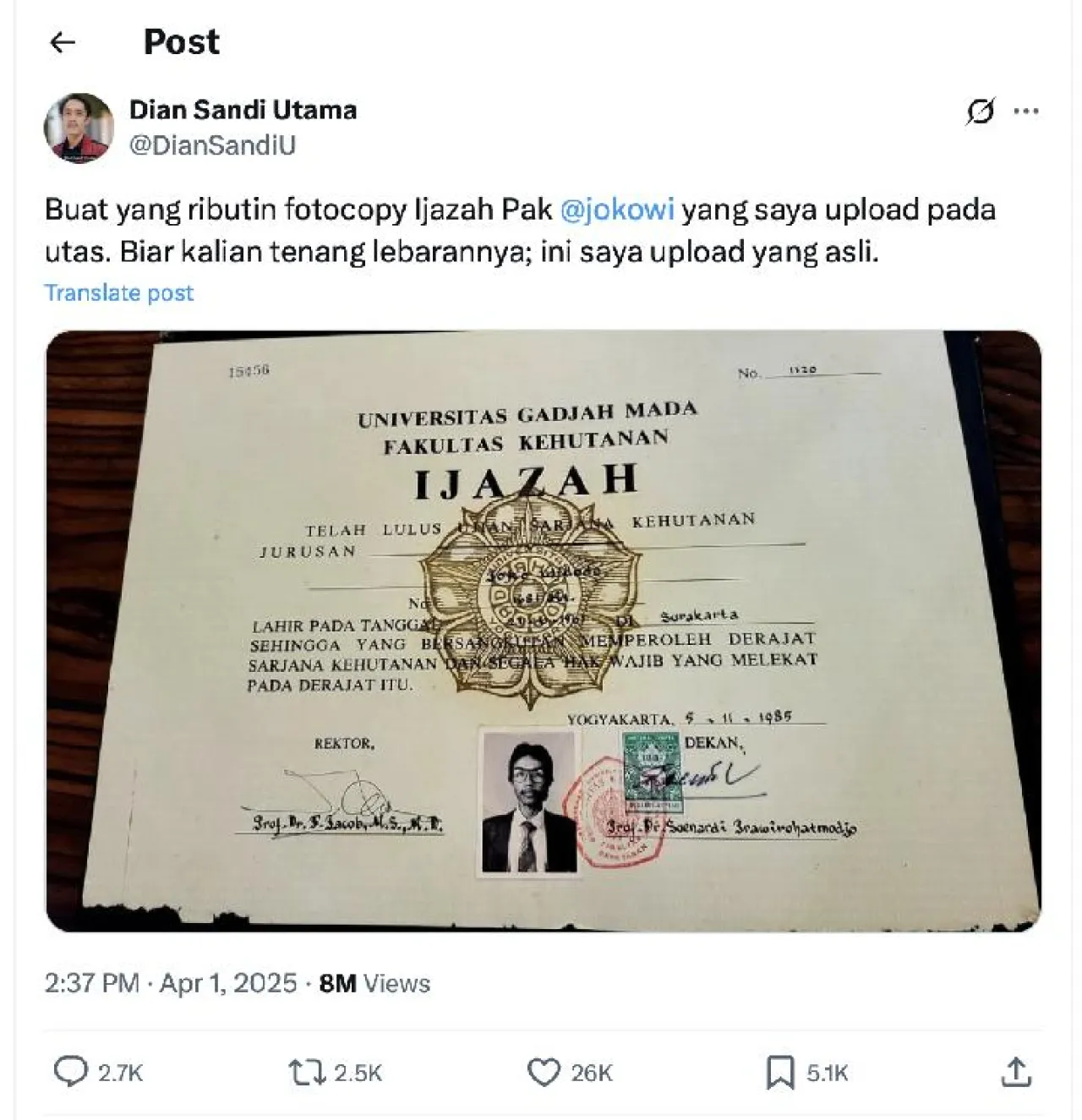 Akademisi termasuk yang Lulusan UGM Minta Jokowi Tunjukan Ijazah: Sepele, Gak Usah Ribet