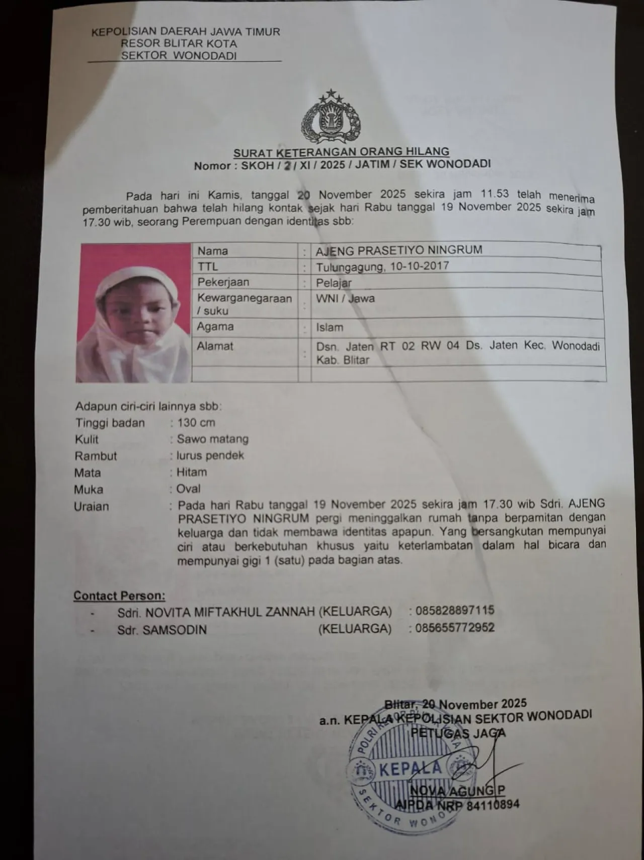 Usai Mainan Air Hujan, Bocah Perempuan Usia 8 Tahun Asal Blitar Hilang sejak Dua Hari Lalu