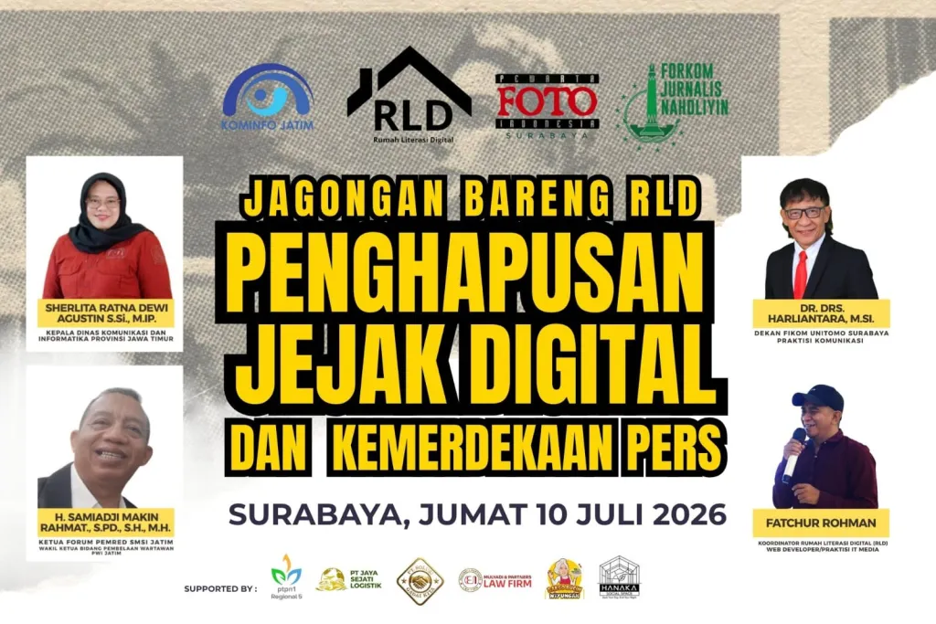 Rumah Literasi Digital (RLD) Surabaya menggelar diskusi publik dengan tema “Penghapusan Konten Digital Vs Kemerdekaan Pers”.