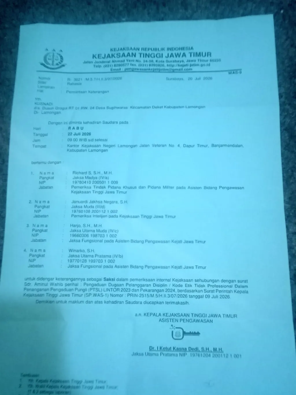 Kejati Jatim Tindaklanjuti Aduan Warga Sugihwaras, Dugaan Pelanggaran Kode Etik Oknum Kejari Lamongan Mulai Diverifikasi