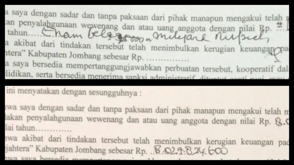 Potongan surat pernyataan dari dua pengurus KPRI Sejahtera Jombang.