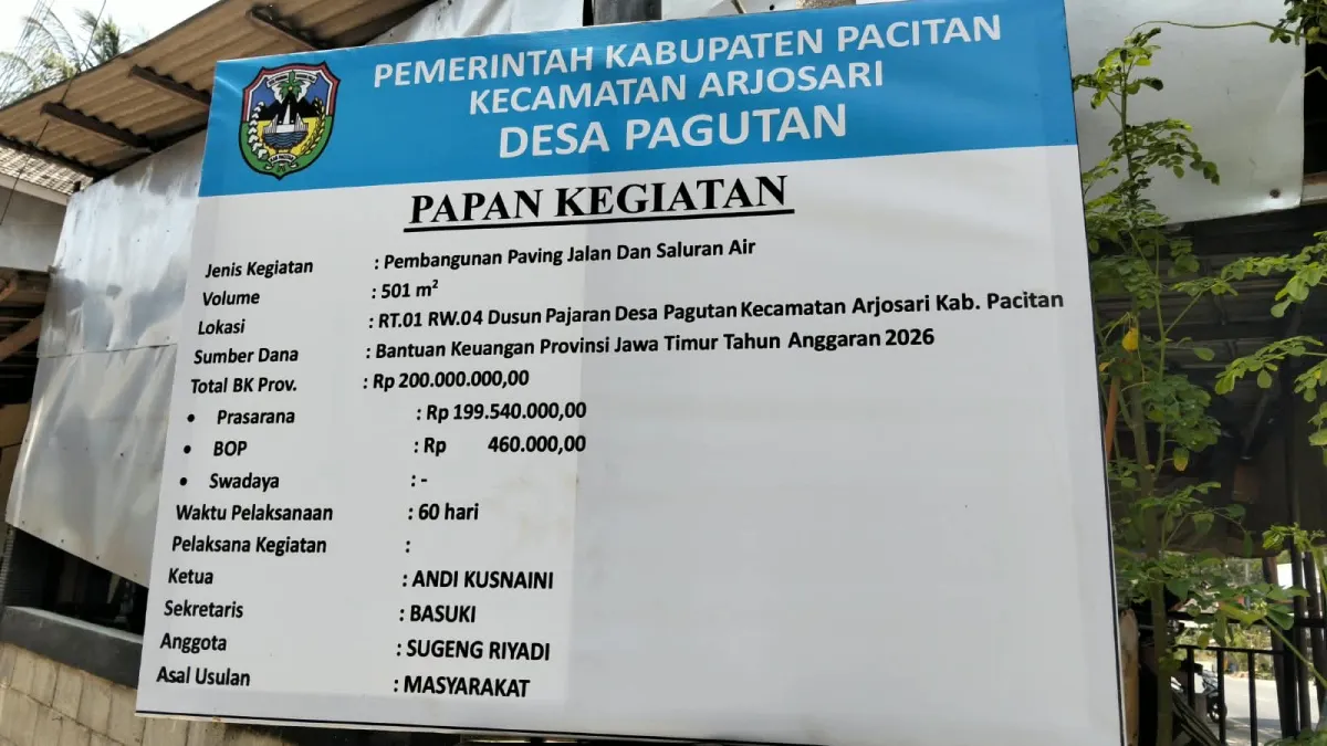 Bantuan Keuangan (BK) Provinsi Jawa Timur Tahun Anggaran 2026 mulai direalisasikan di Desa Pagutan, Kecamatan Arjosari, Kabupaten Pacitan.
