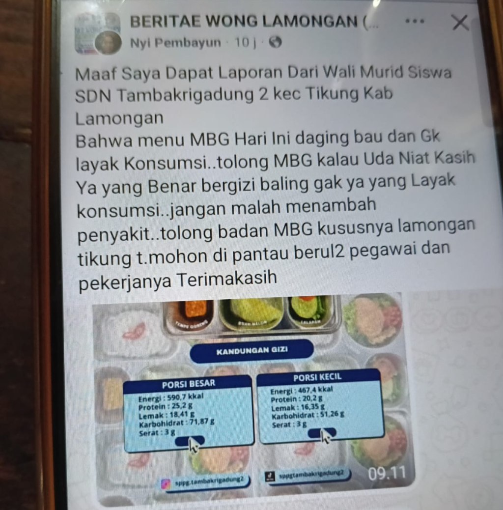 Wali Murid dan Guru SDN Tambakrigadung 2 Lamongan Mengeluhkan Bau tidak Sedap Menu MBG
