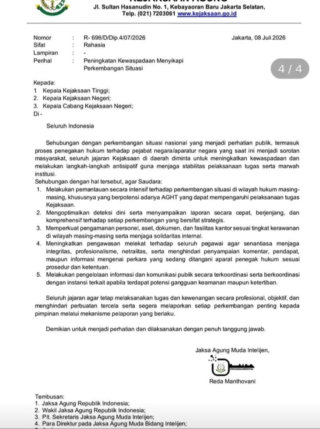 Beredar Surat Instruksi Kejagung, Buntut Sorotan Publik Terhadap Penegakan Hukum yang Menyeret Pejabat Negara