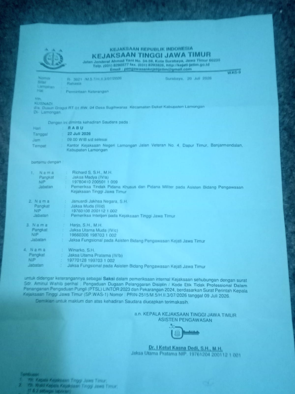Kejati Jatim Tindaklanjuti Aduan Warga Sugihwaras, Dugaan Pelanggaran Kode Etik Oknum Kejari Lamongan Mulai Diverifikasi