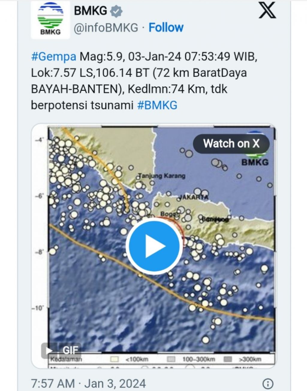Pengumuman gempa di Banten oleh BMKG. Foto: Twitter